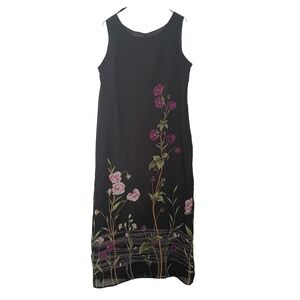 Vtg‎ MHM Melissa Harper Dress Women's Size 12 Long Black Floral Sleeveless Maxi